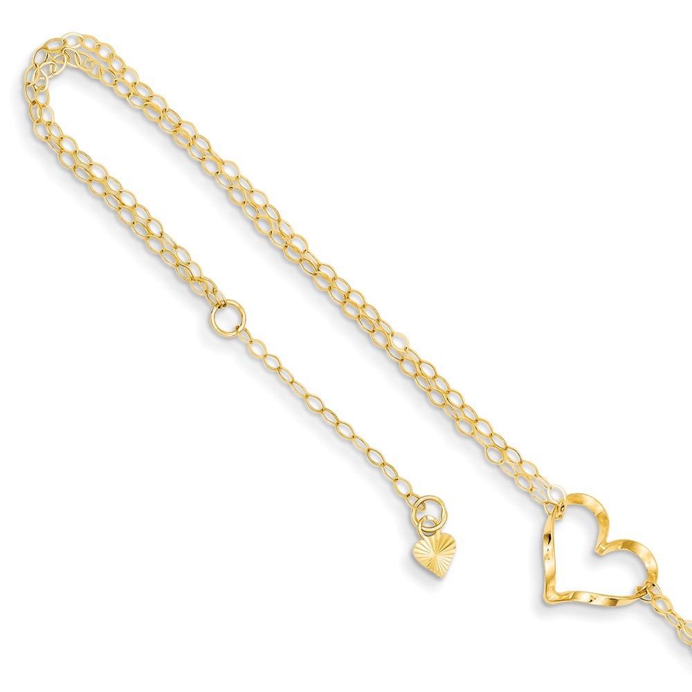 Real 14kt Yellow Gold Double Strand Heart 9in Plus 1in Ext Anklet; 9 inch
