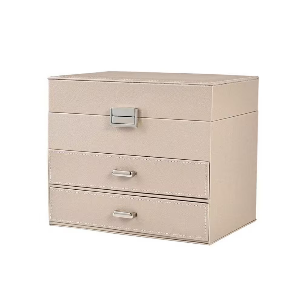 9.1 X 7.48 In. Champagne PU Leather Jewelry Organizer Box with Multiple Compartm