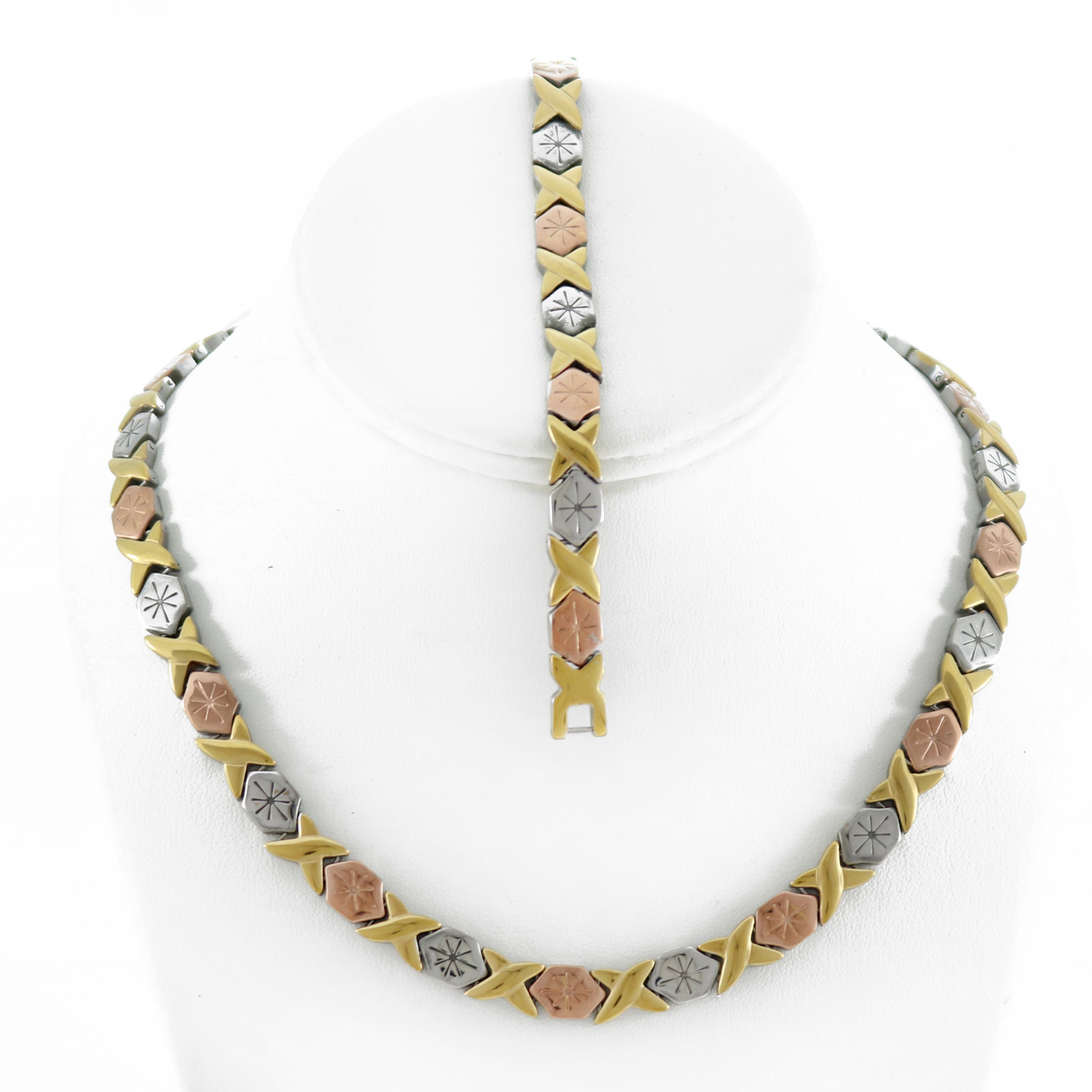Hugs & Kisses Necklace Bracelet Set Stampato Stainless Steel 3 Tone 18″ SB