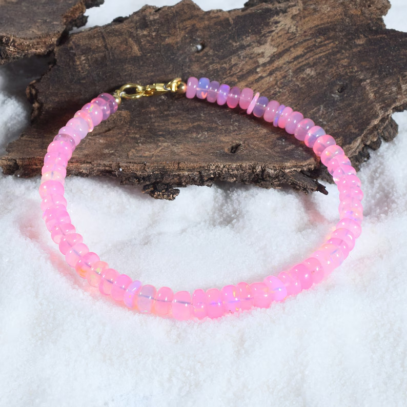 Natural Welo Fire Pink Opal 4-5mm Beaded Bracelet 925 Silver Handmade Gift