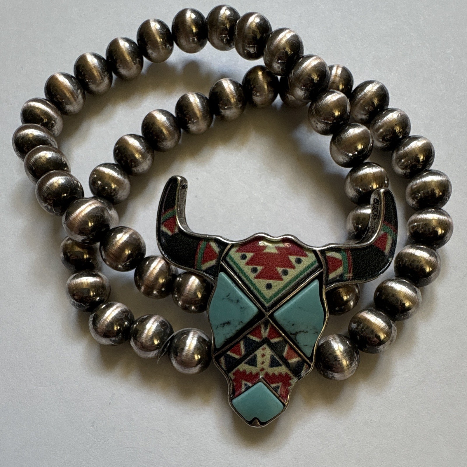Southwestern Silver Tone Beaded Stretch Bracelet Bull Charm Turquoise Inlay