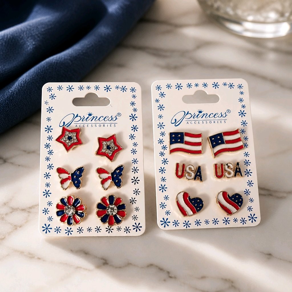 NWT Princess Accessories Patriotic Stud Earrings Set 4th of July USA Flag Star