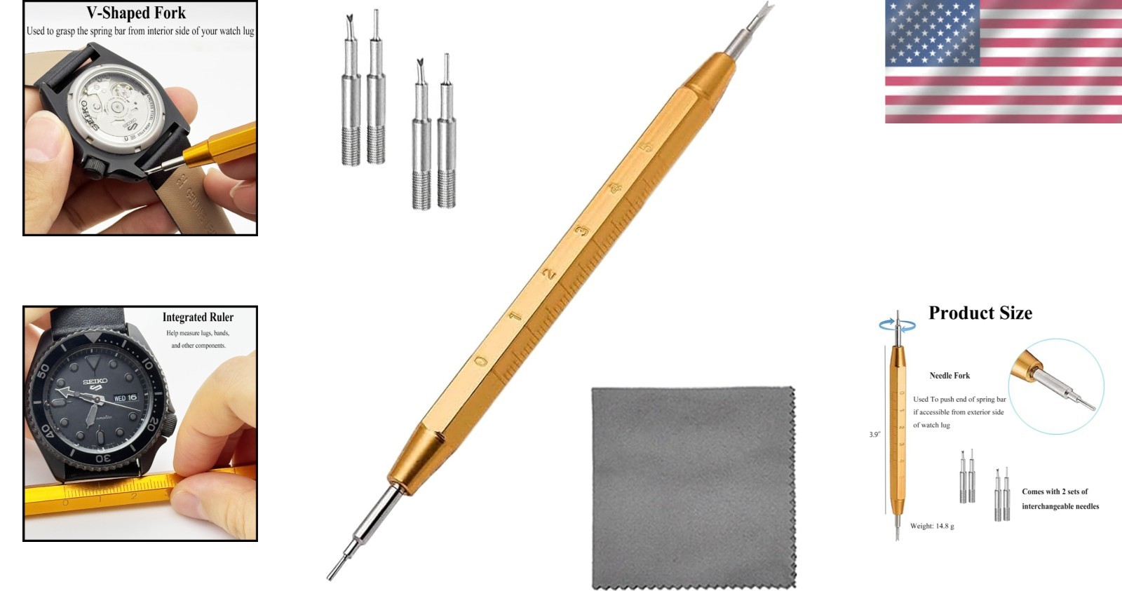 Compact Watch Band Tool Kit with Integrated Ruler & Backup Forks – Gold Accent