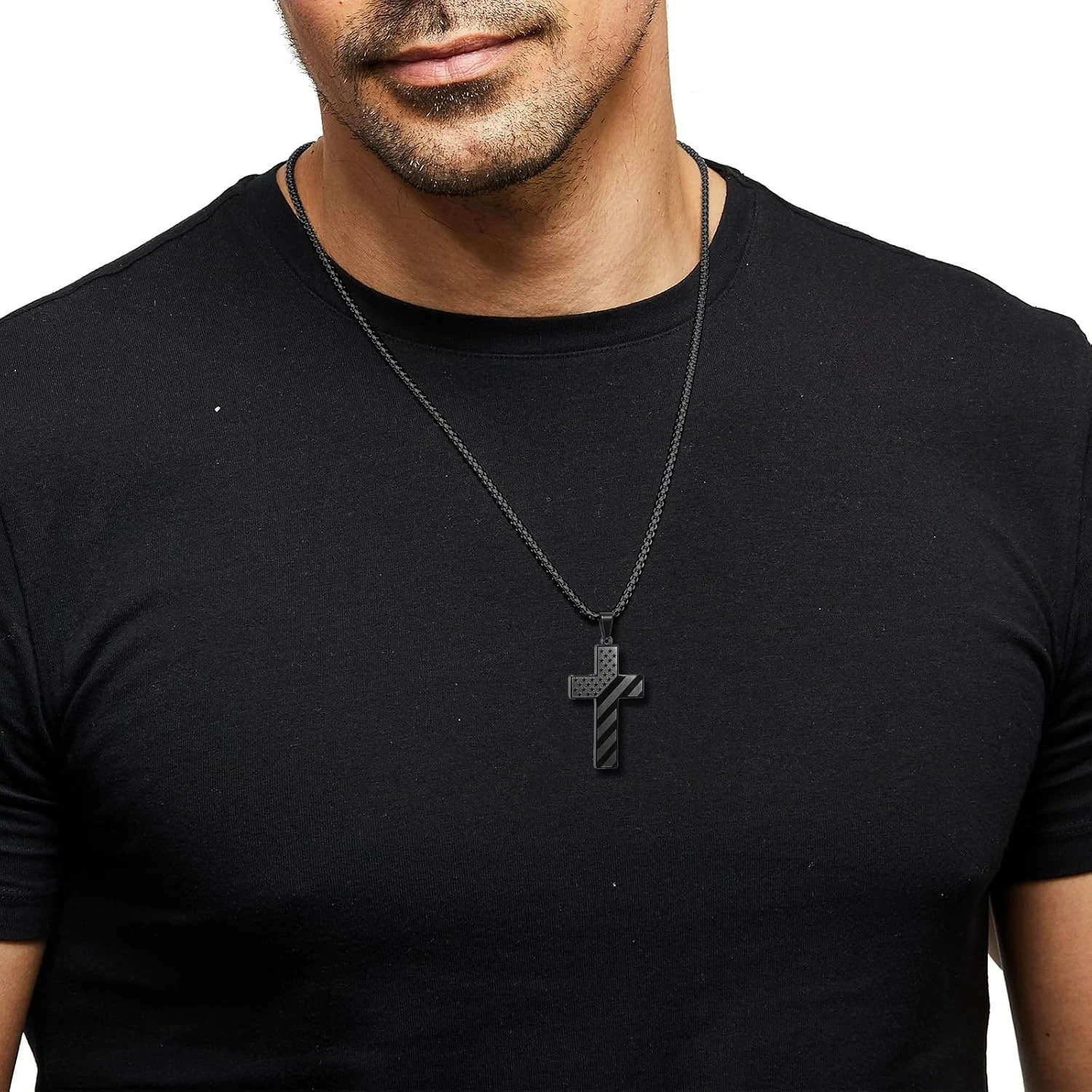 American Flag Cross Necklace for Men Bible Verse Christian Religious