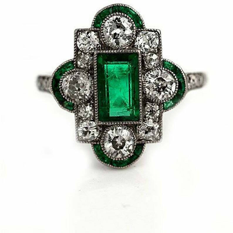 Lab-Created Intense Green Bezel Set Emerald & Old White CZ Art Deco Vintage Ring