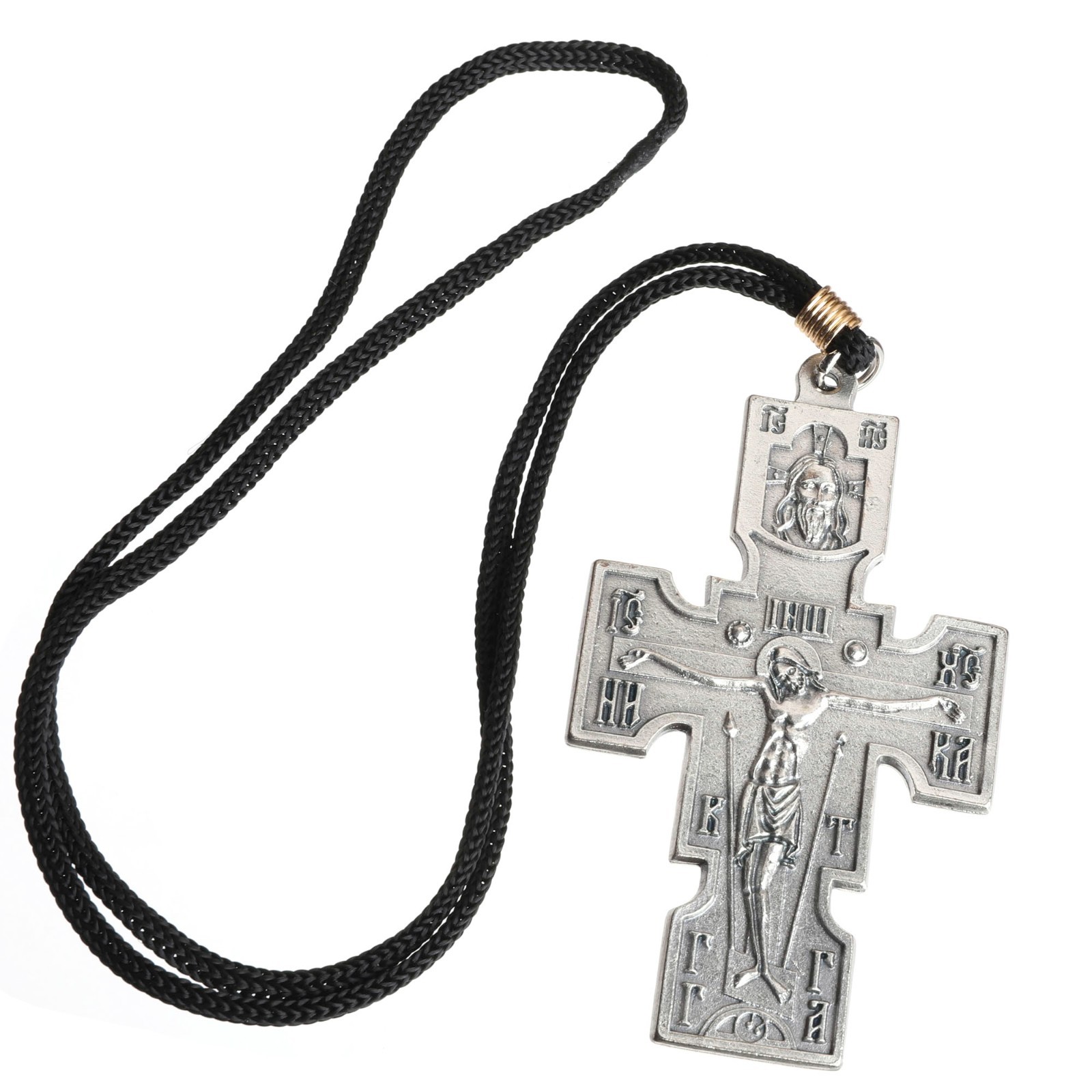Pectoral Cross Necklace – Crucifixion & St. Michael/Madonna – 3.5″ Silver Tone