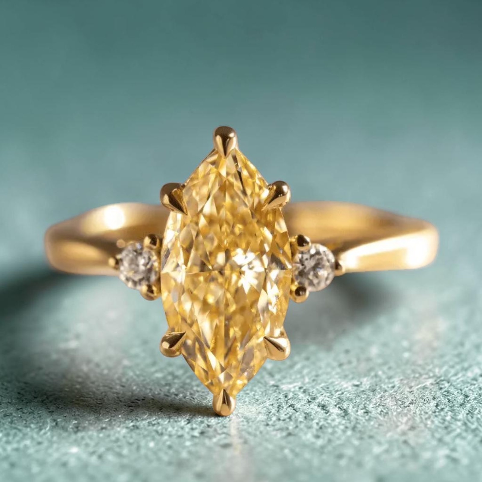 Fancy Vivid Yellow Diamond Ring 2.60 CT Marquise Cut Lab Created 18K Yellow Gold