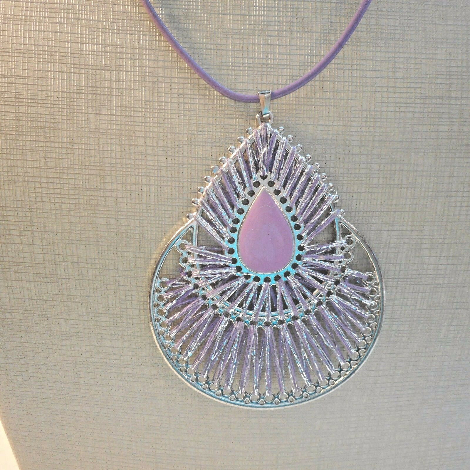 PURPLE Tear Drop Pendant 3 X 2 1/2″ NECKLACE LAVENDER String Leather 17″