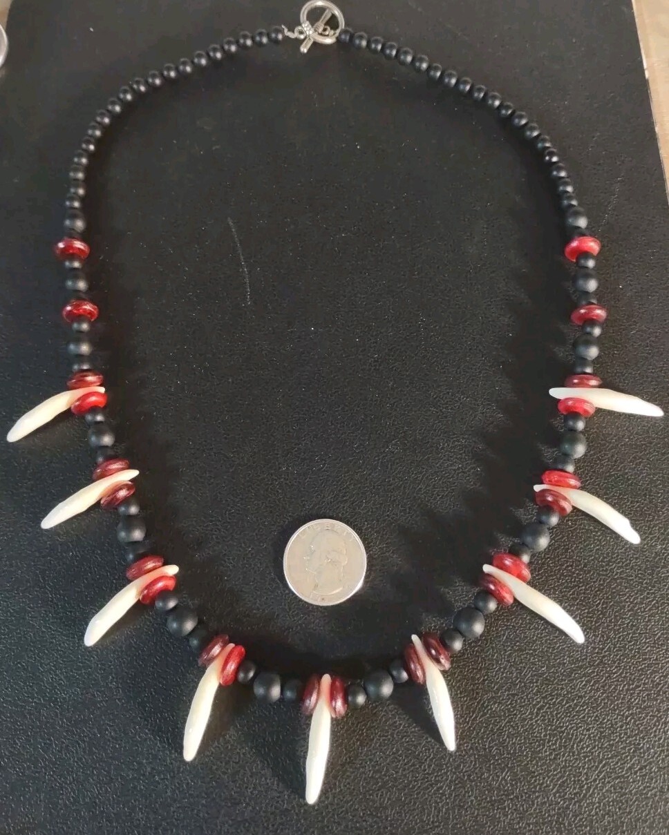 Modern 25″ Genuine Coyote Tooth Teeth, Onyx, Horn Necklace Handmade Artisanal