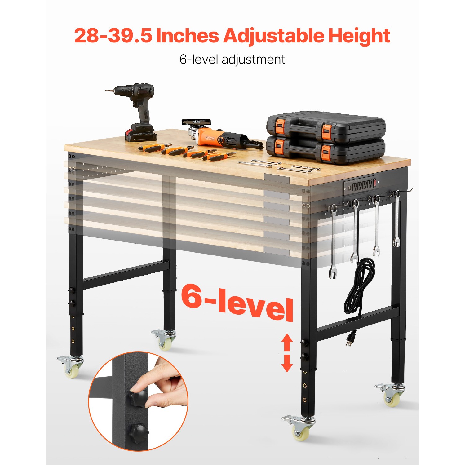 Uimoso 48″ Mobile Workbench with Adjustable Height, Power Outlet & Pegboard