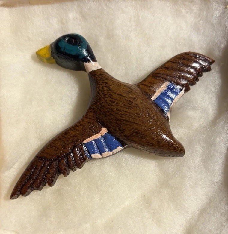 Vintage 1972 Hand Carved Wooden Mallard Duck Pin Signed FB Wood Brooch Art