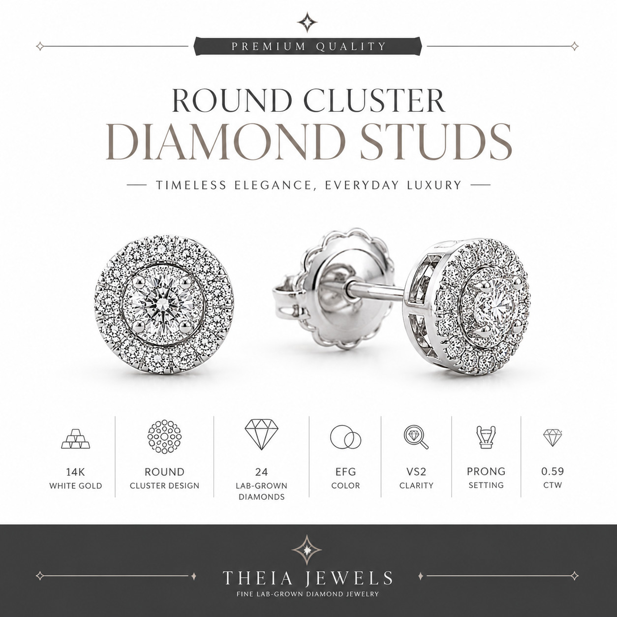 Lab Grown Diamond Cluster Stud Earrings 0.59 CT 14K White Gold EFG VS2