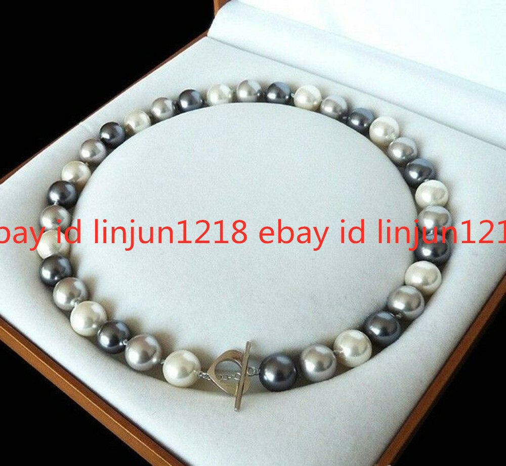 22 Inch Rare Huge 12mm Real Black White Gray Mix South Sea Shell Pearl Necklaces