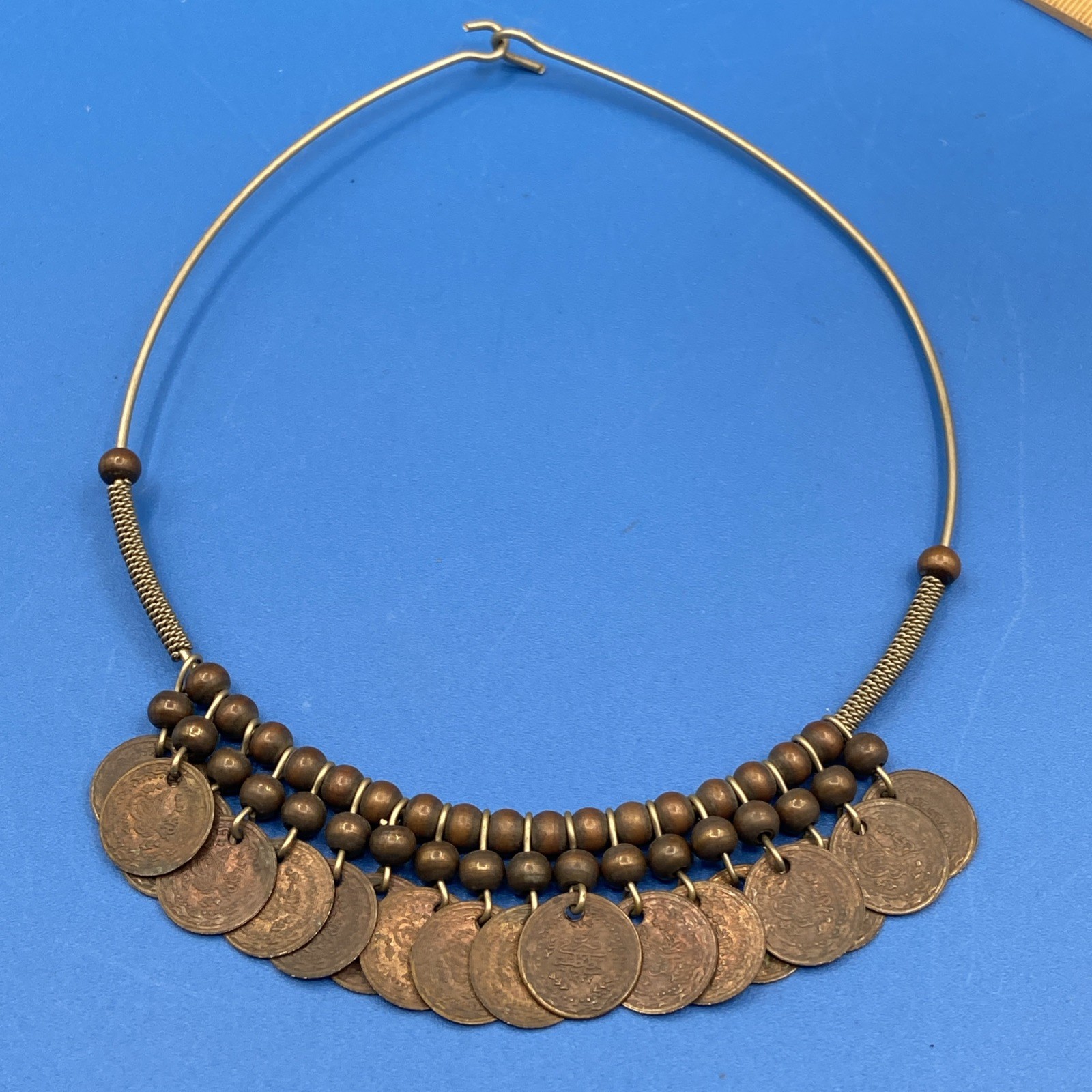 NECKLACE vintage 1960s 1970s old Coins tribal hoop metal wire ring Etruscan 16″