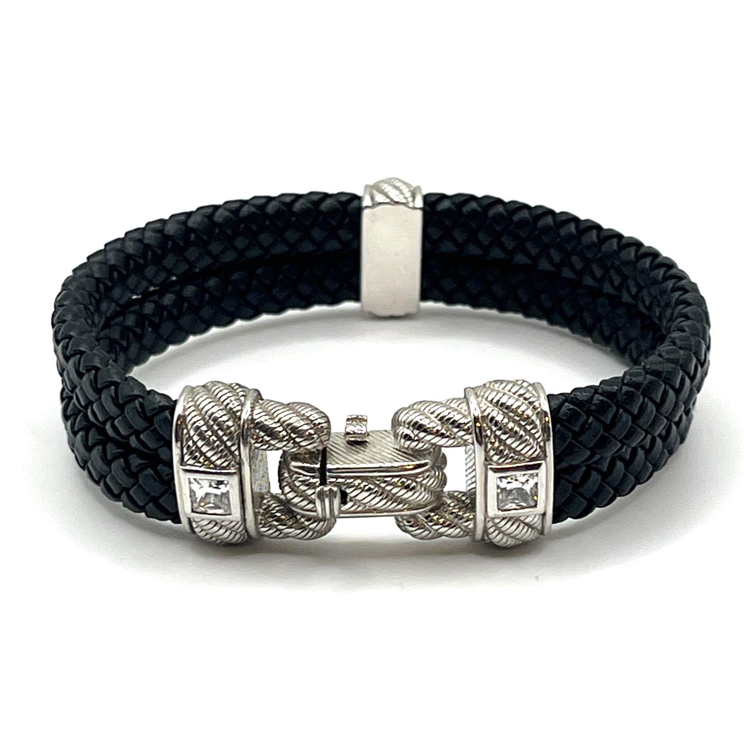 Judith Ripka Bracelet Sz 6.5 Link Black Leather CZ Sterling 925 Push Lock Latch