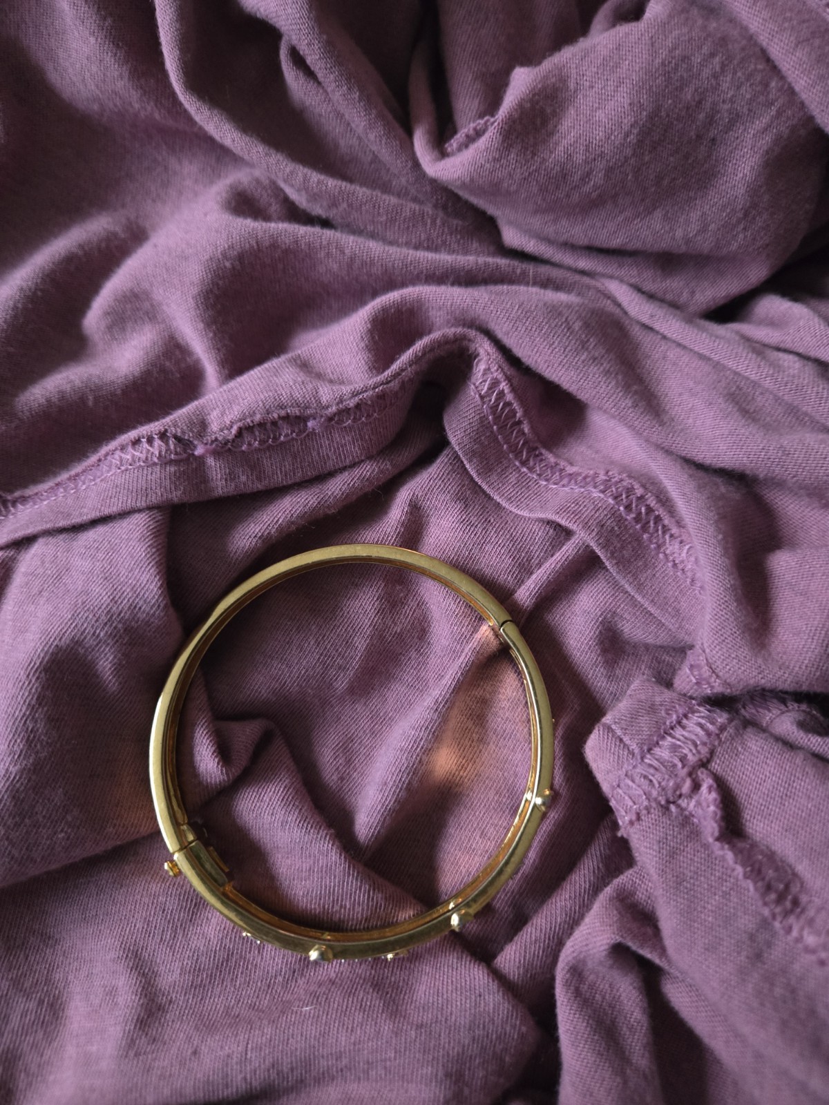 Gold Tone Hinged Bangle Bracelet with Clear Round Crystal Rhinestones, Signed