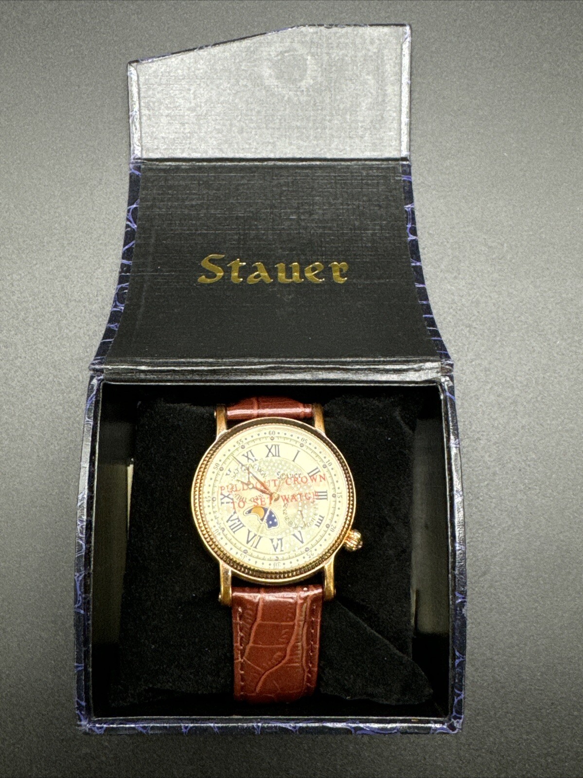 Mens Stauer Round Gold Tone Moonphase Brown Leather Strap Analog Watch 20390 F1