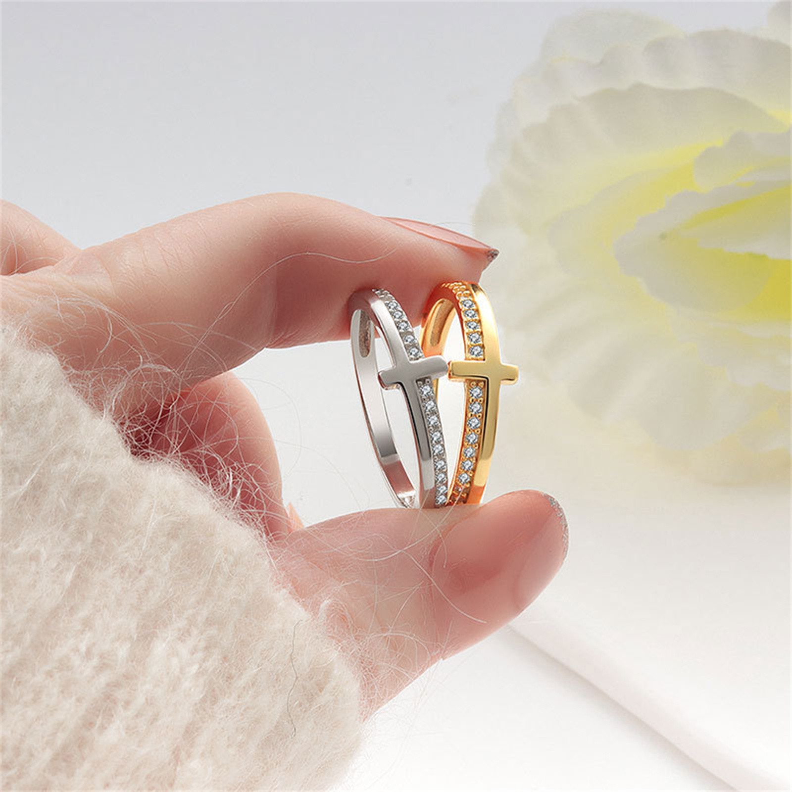 Women’s Casual Rhinestone Cross Brass Ring – Anniversary Birthday Gift for Wife