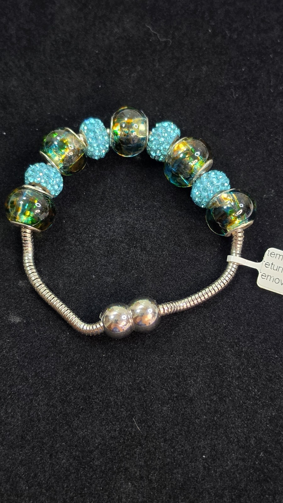 Silver Tone Snake Chain Magnetic Clasp Beaded European Charm Bracelet Blue 8in