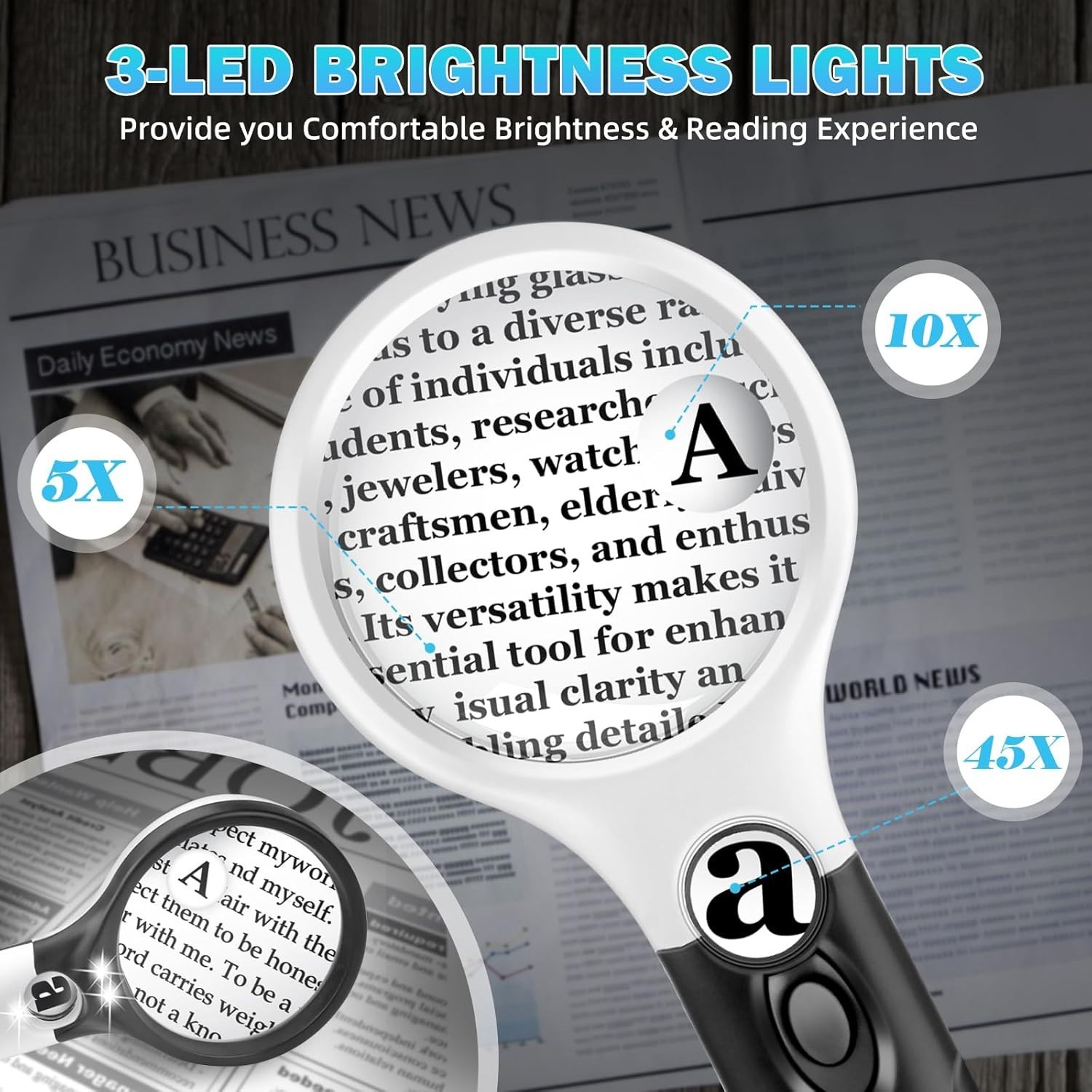 Large Magnifying Glass with Light 10X 20X 45X Illuminated Handheld Magnifier