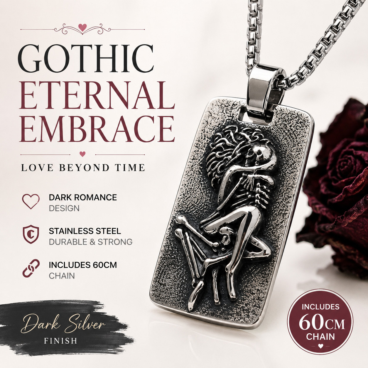 Gothic Skeleton Lovers Pendant Necklace Dark Silver Gothic Jewellery Chain Gift