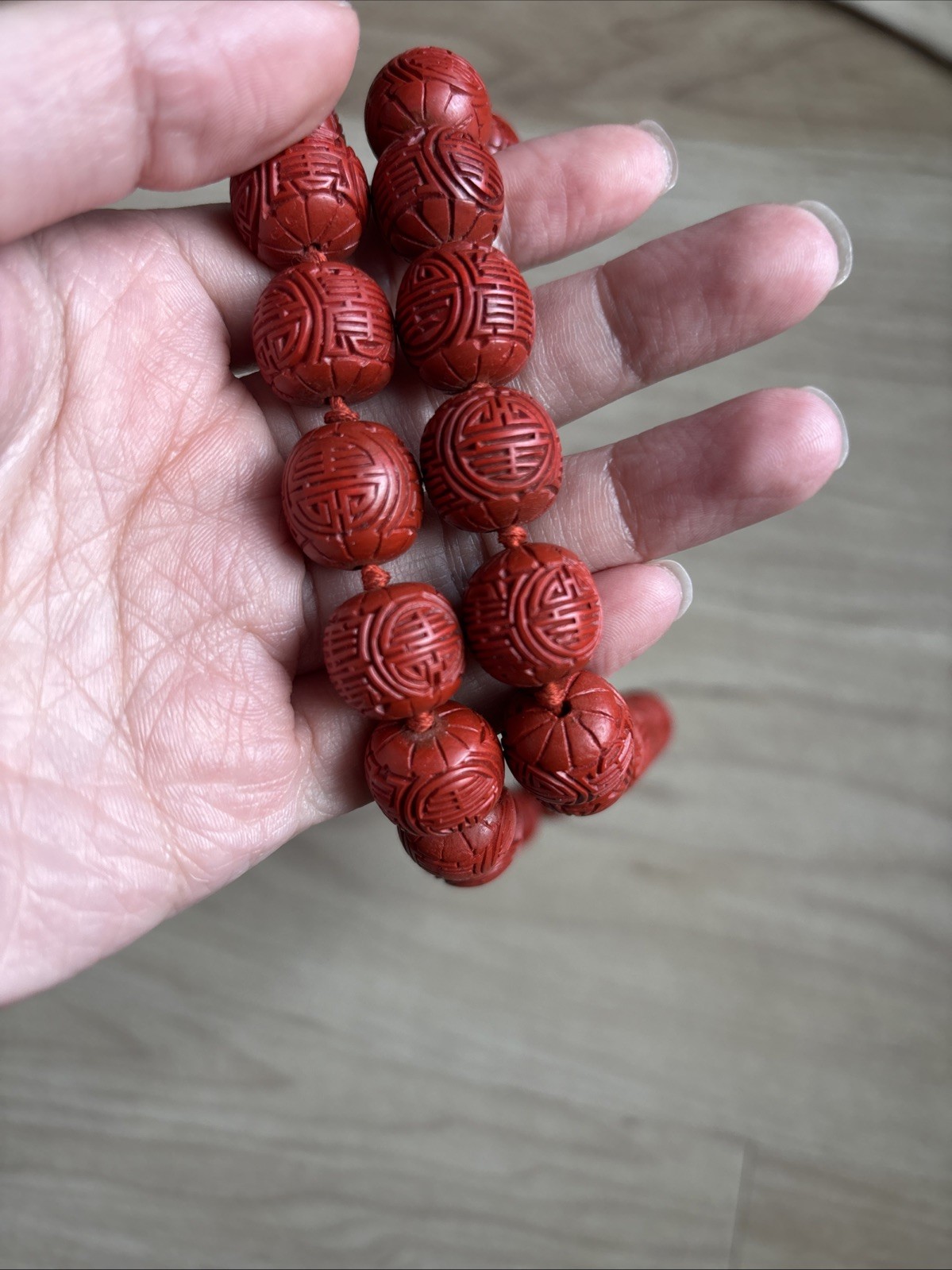 Vintage Chinese Export hand carved Red Cinnabar beads Necklace, 24 inches