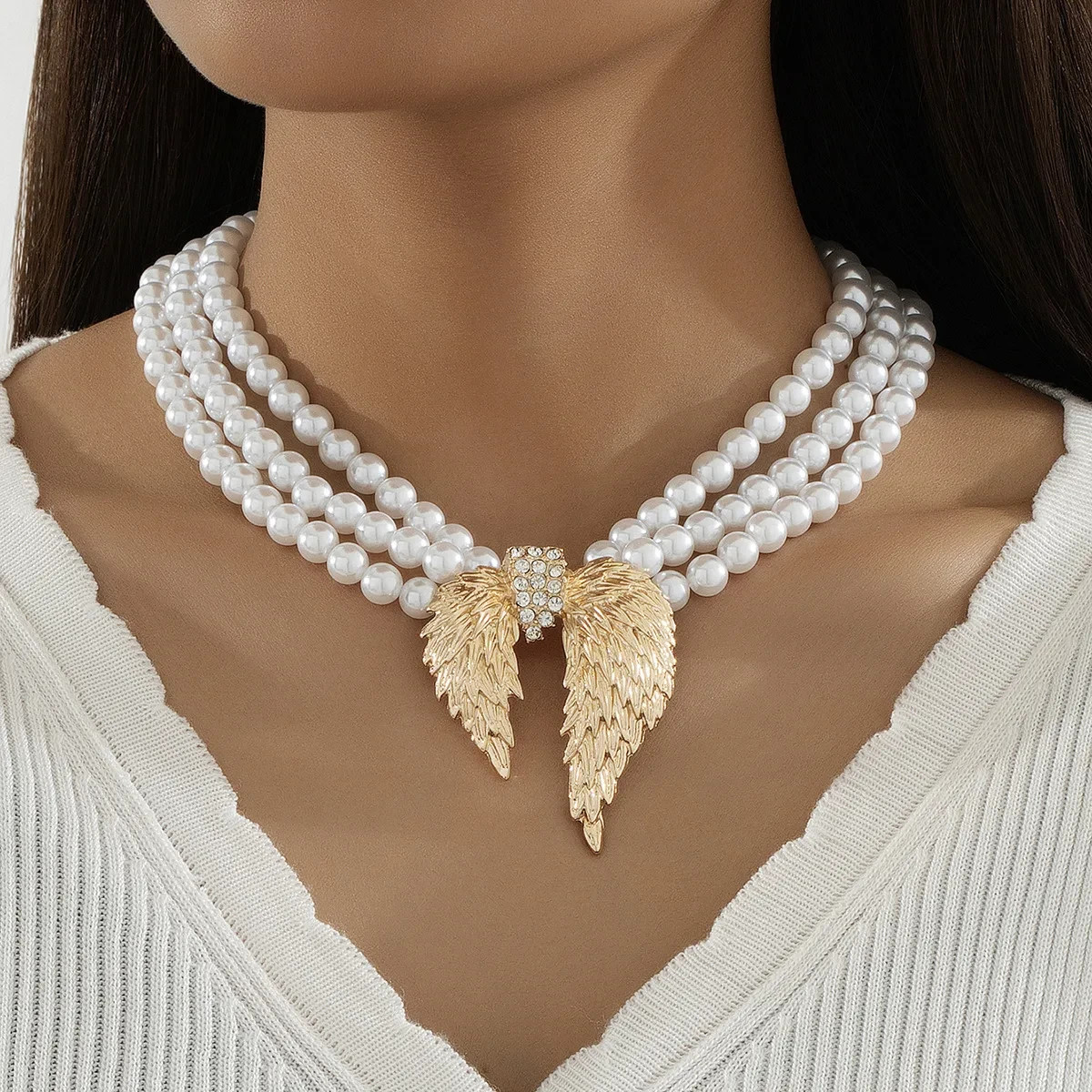 GOLD ANGEL WINGS HEART SHAPED PEARL PENDANT NECKLACE CUBIC ZIRCONIA STONES