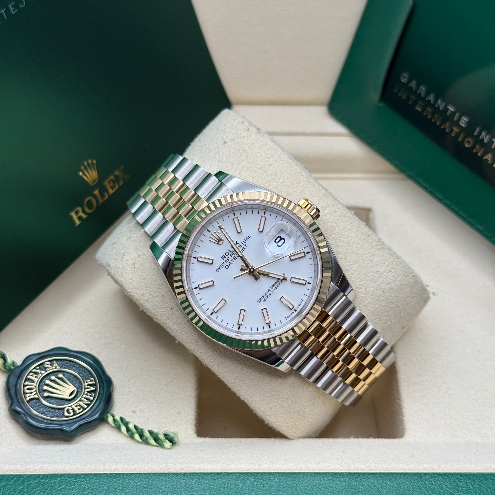 Rolex Datejust 36 White Index Dial Two Tone Yellow Gold Fluted Jubilee Bracelet
