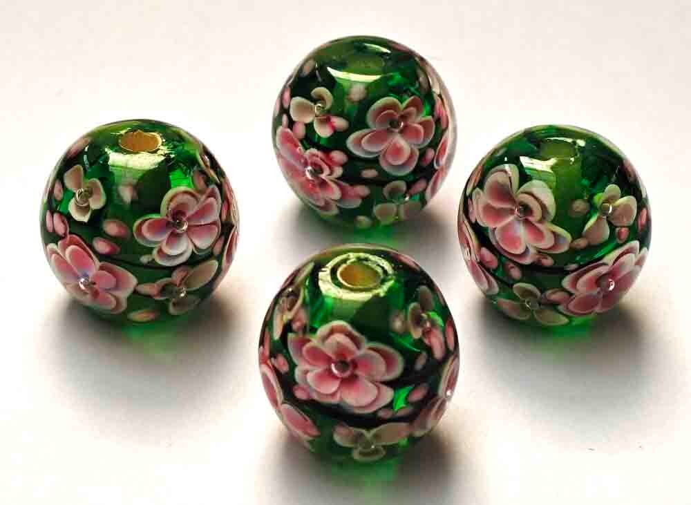 10pcs handmade Lampwork glass beads glass Pink plum flower round on Green 14mm