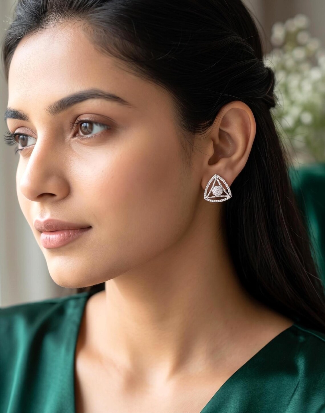 Geometric Triangle CZ Stud Earrings Silver Minimalist Women Fashion Jewelry