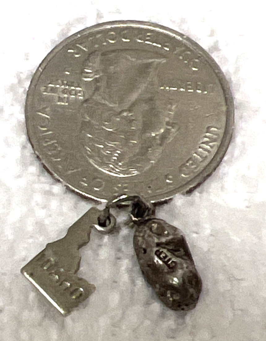 Vintage Miniature Figural State of Idaho and Russet Potato Charms