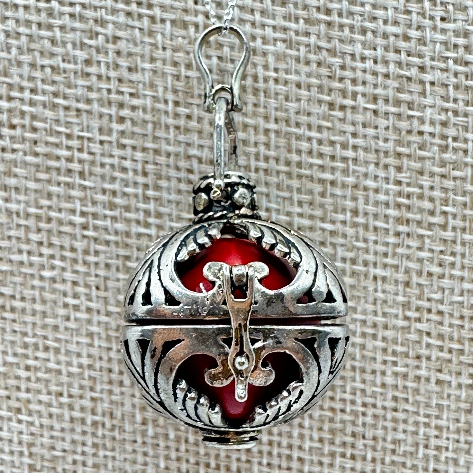 925 Sterling Silver Red Harmony Ball Pendant Cage Locket Chime Vintage