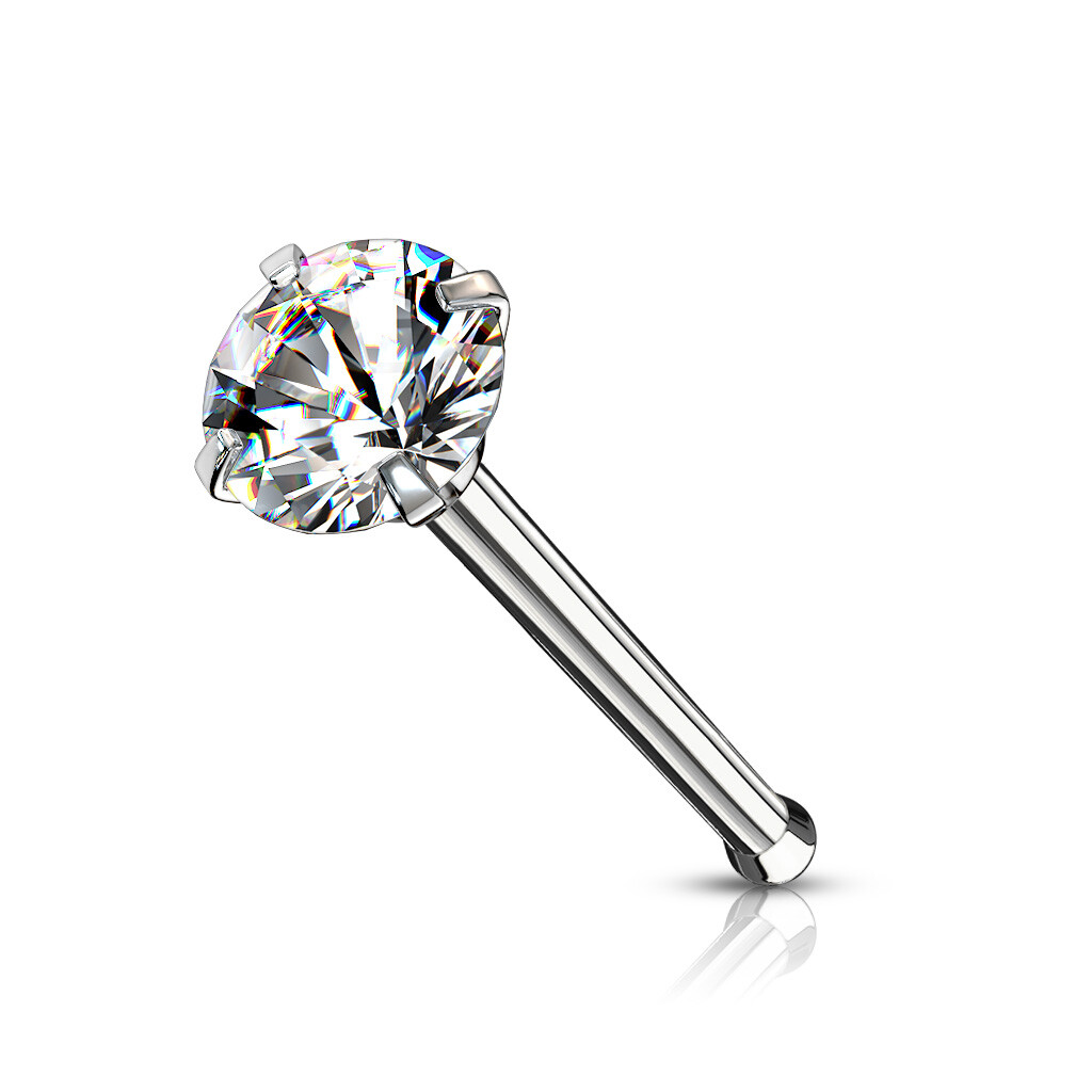 14K Solid Yellow Gold Bar Nose Stud Diamond ,Bone End 20 Gauge 7mm