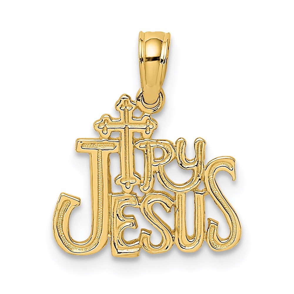 14K Yellow Gold Polished and Textured TRY JESUS Charm; Length 16.55 mm