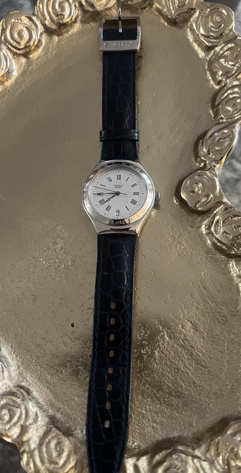 Swatch Irony Automatic 34mm Silver Dial Roman Numerals Date Black Leather