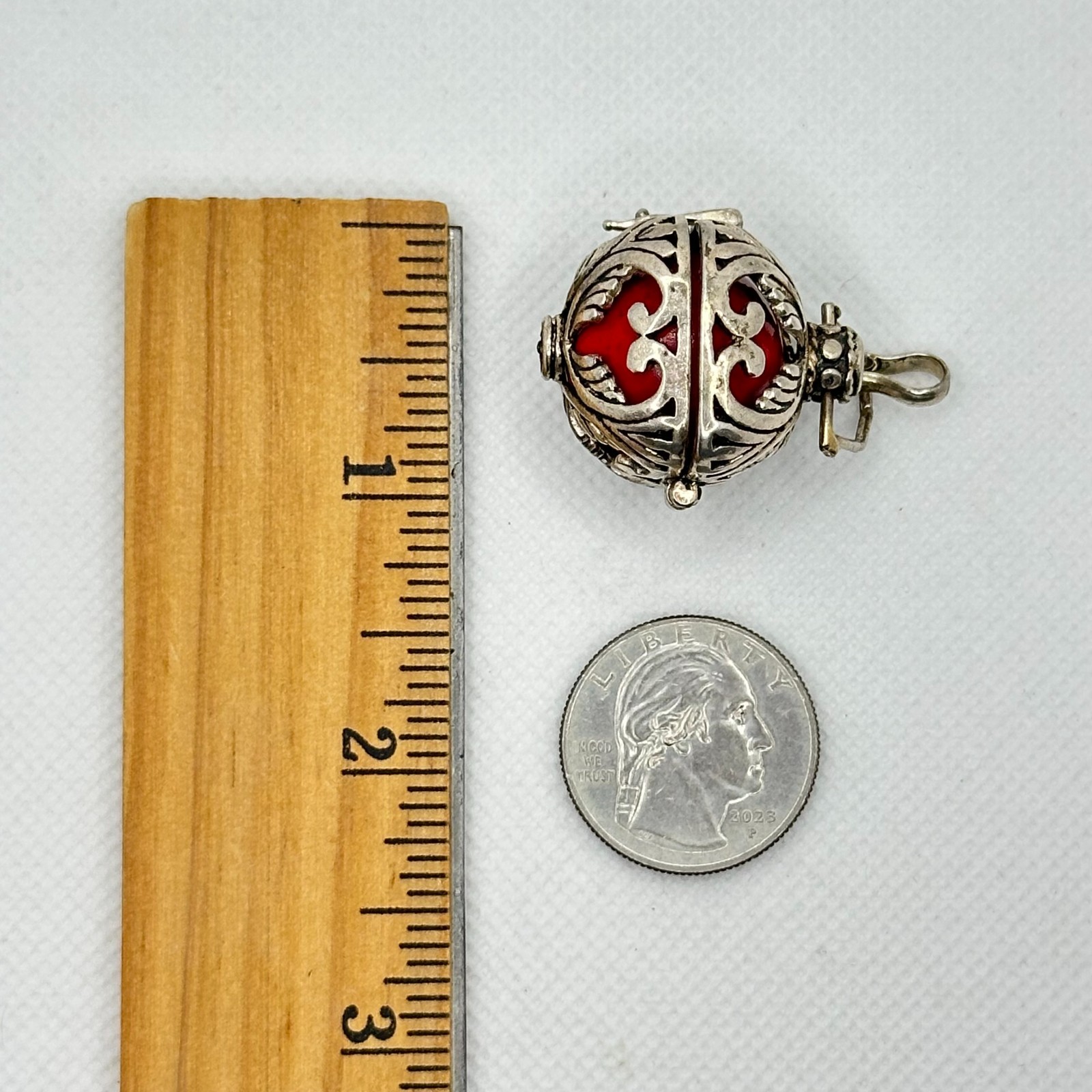 925 Sterling Silver Red Harmony Ball Pendant Cage Locket Chime Vintage