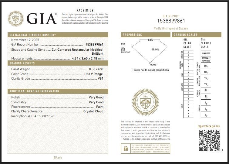 0.36 Ct GIA Certified Natural Diamond Loose Rectangular Cut U-V Range/VS Clarity