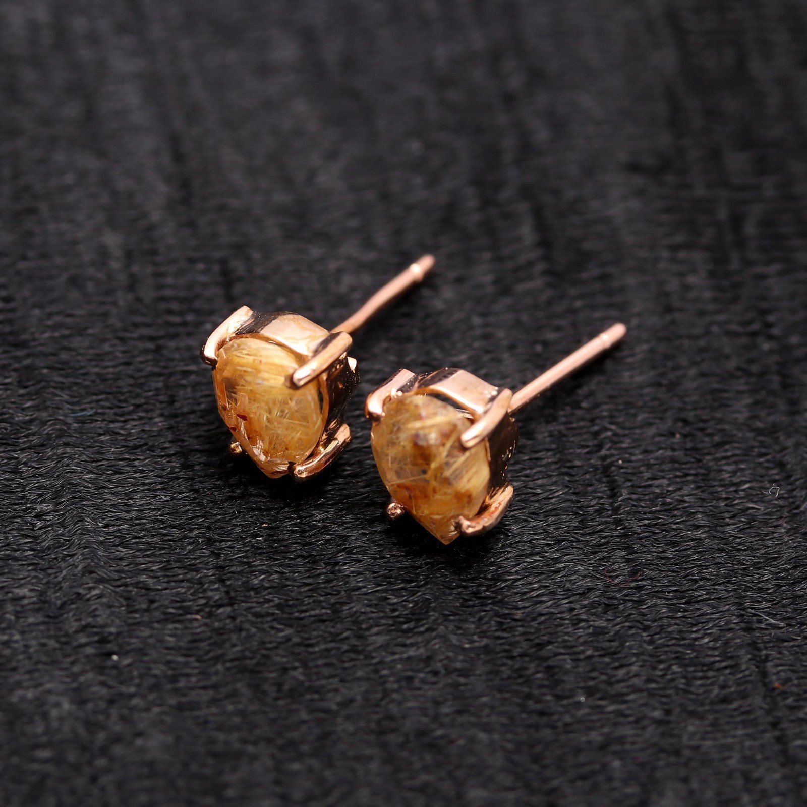 Natural Golden Rutile Pear Stud Earrings Rose Gold Filled Solid Silver Jewelry