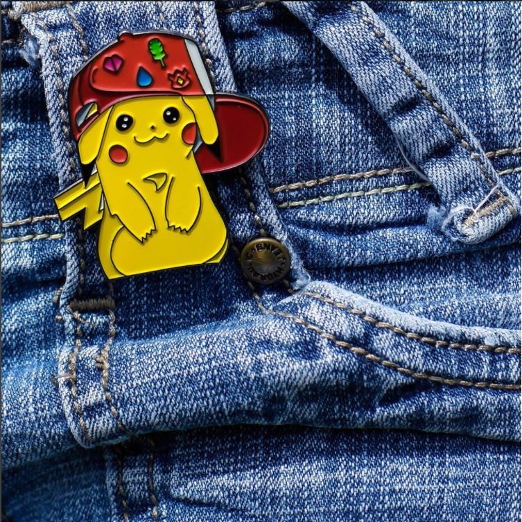 Pikachu with Gym Badges Pokemon Nerdy Video Game TV Enamel Heady Lapel Pin Badge