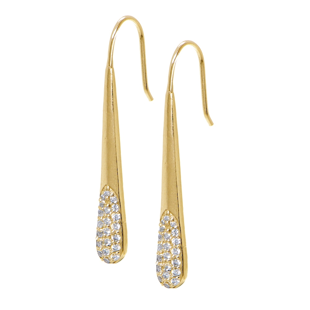 Yellow Gold Flashed Sterling Silver CZ Elongated Teardrop Hook Drop Earrings