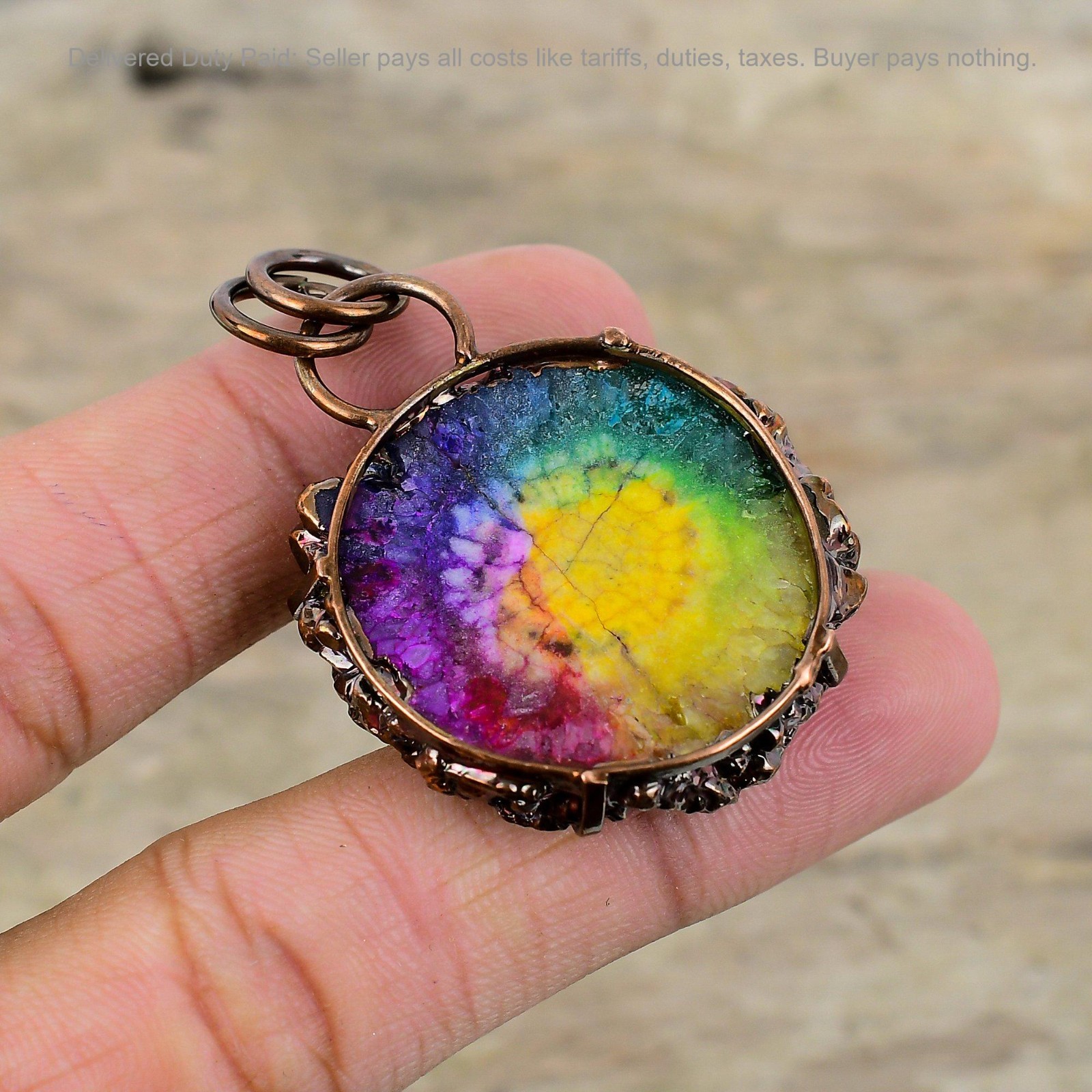 Copper Round Rainbow Solar Quartz Druzy Gemstone Electroformed Pendant Jewelry