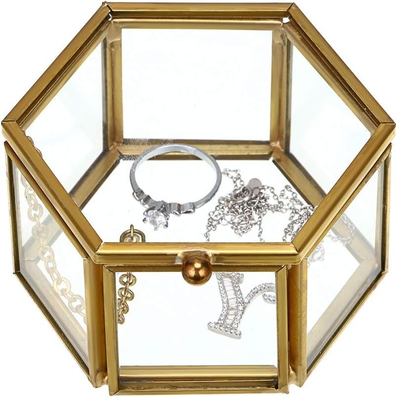 Stylish Vintage Jewelry Box – Gold Glass Keepsake Organizer for Rings & More