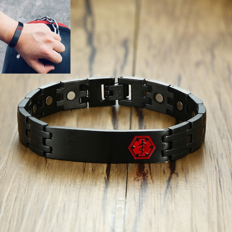 Black Magnetic Health Medical Alert ID Men Bracelet Free Engrave Stainless Steel