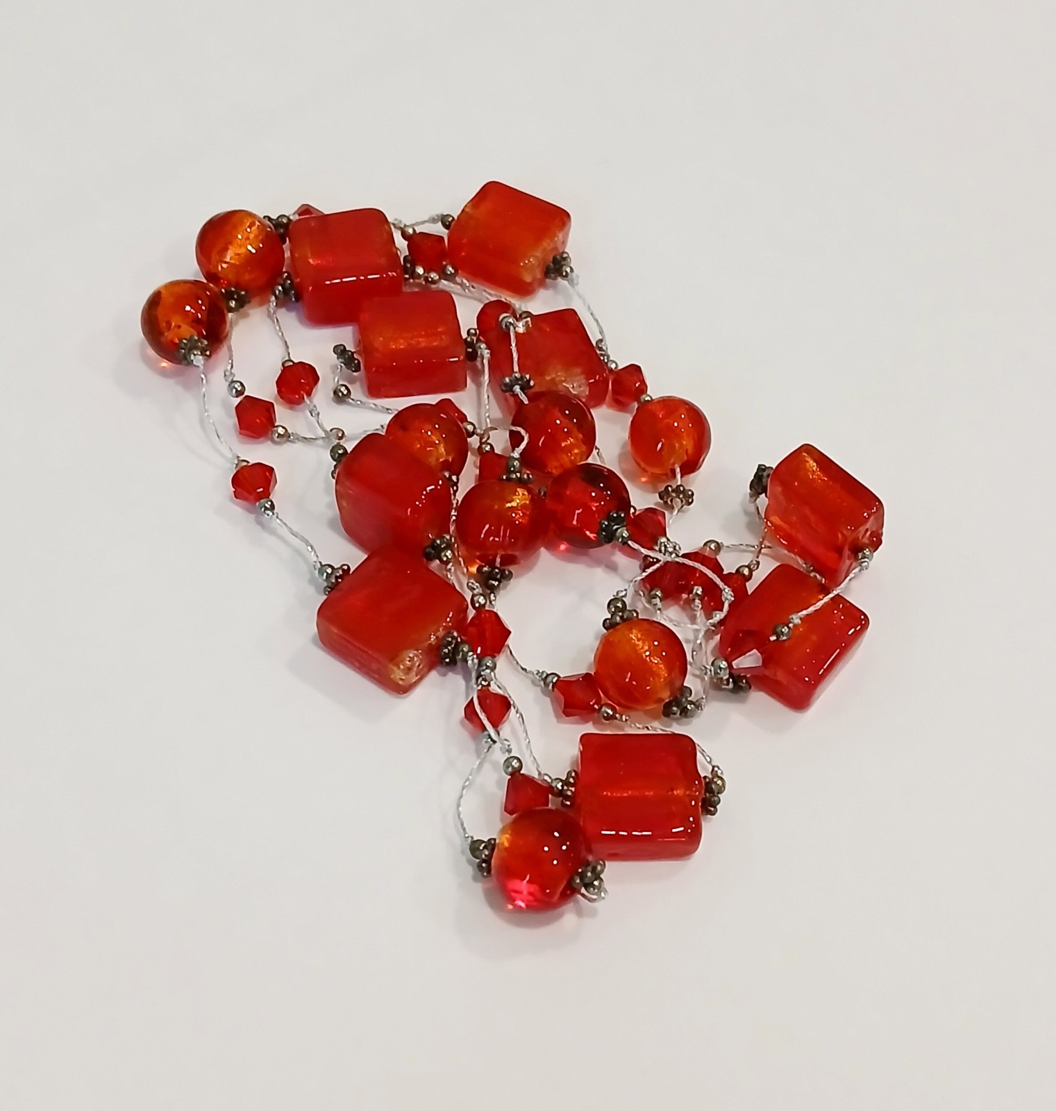 Vintage 36″ Multi-Shape Red Art Glass Station Necklace~36.3g~Single Strand 😍
