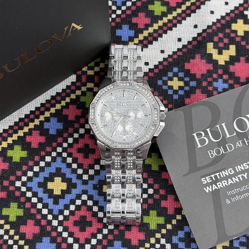Bulova Men Crystal Octava 98C134 Silver White Dial Diamond Quartz Watch 41.5mm