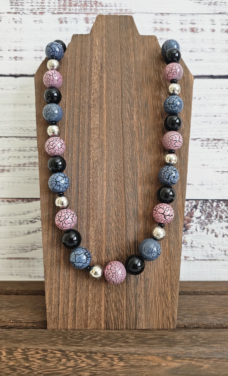 Vintage Japan Pink Blue Crackle Bead Black Glass Necklace 31″ 1950s-70s