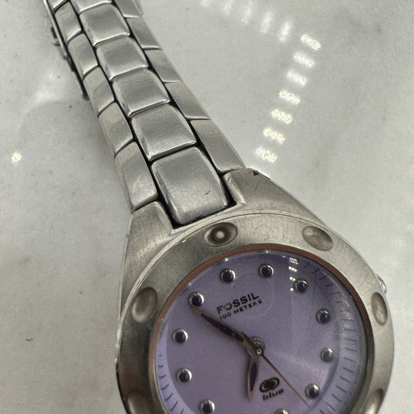 Fossil AM3388 Watch, Purple Dial, Silver Tone, New Battery Sz. 6.25”