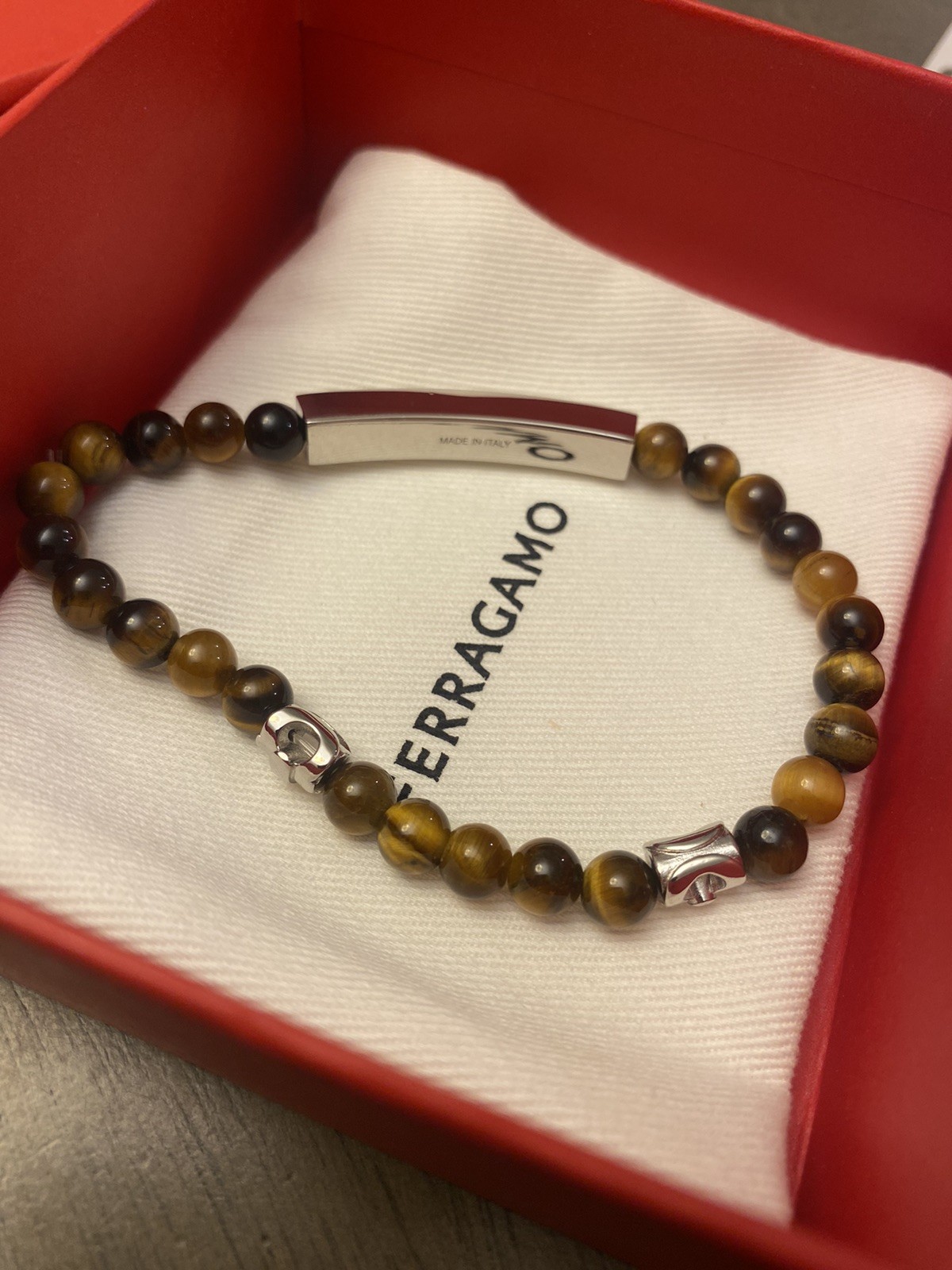Ferragamo Mens Semi-Precious Tiger Eye Stones Logo Stretch Bracelet 19 NEW