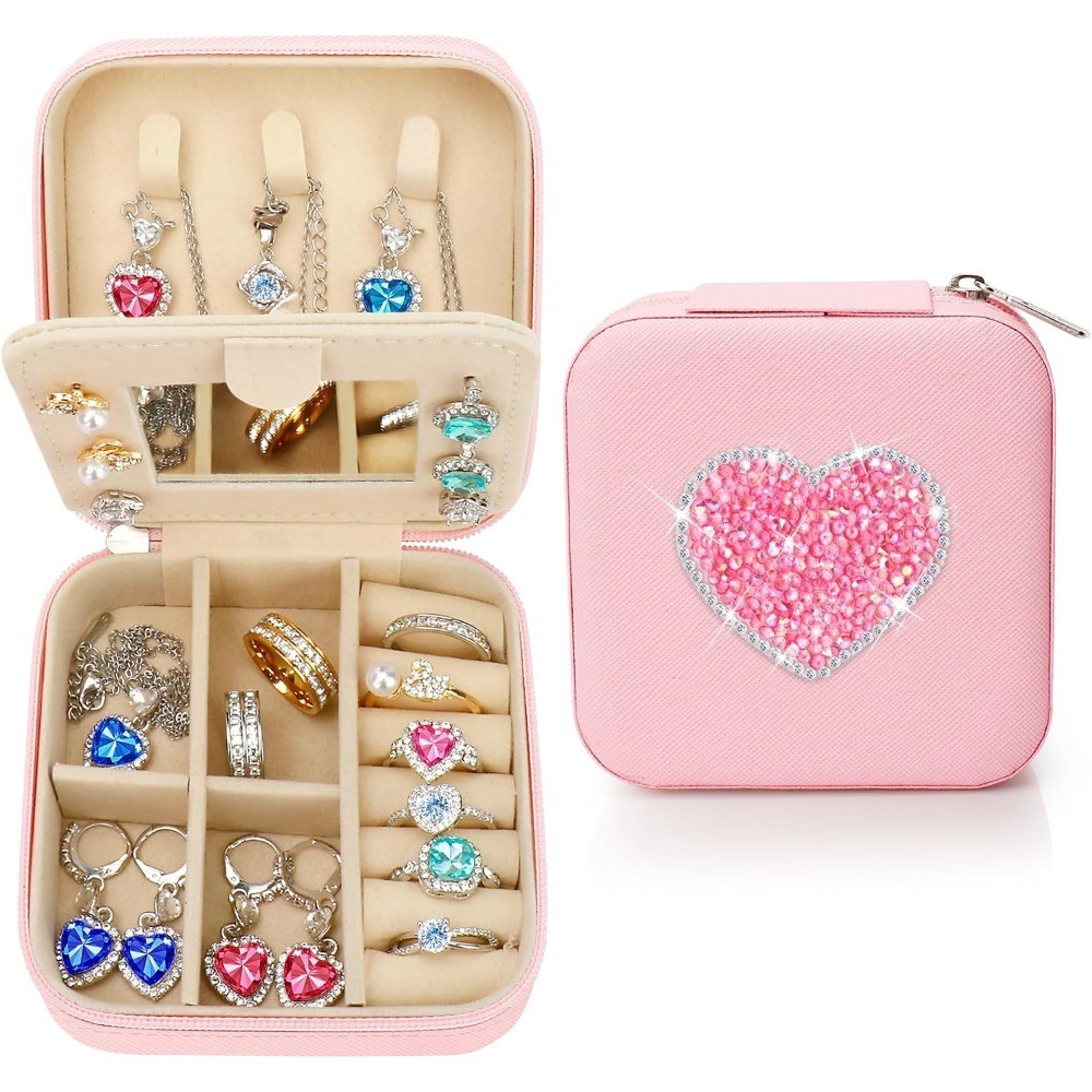 Sparkly Rhinestone Heart Jewelry Box for Girls Women,Glitter Travel Jewelry Case