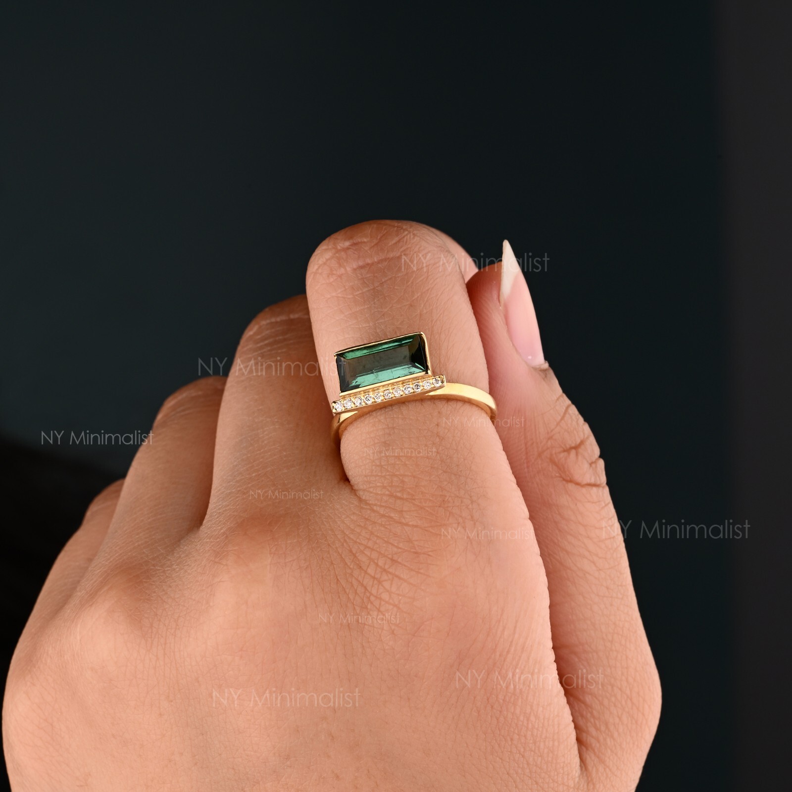 Horizontal Baguette Green Tourmaline and Pave Diamond Bar Ring In 14K Solid Gold